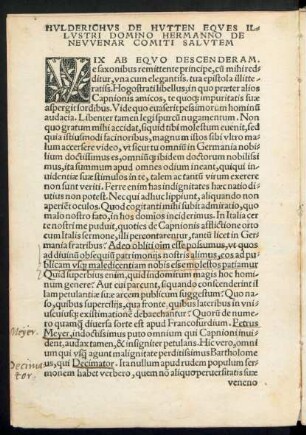 Huldericus De Hutten Eques Illustri Domino Hermanno De Neuvenar Comiti Salutem