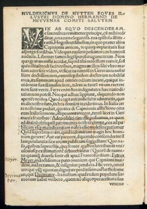Huldericus De Hutten Eques Illustri Domino Hermanno De Neuvenar Comiti Salutem