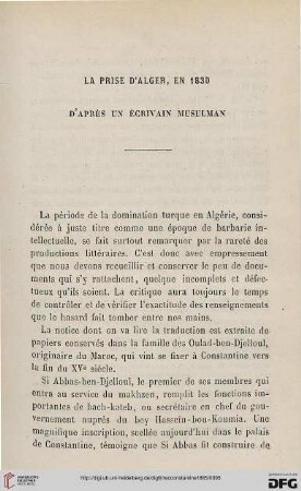 La prise d'Alger, en 1830 d'aprés un écrivain musulman