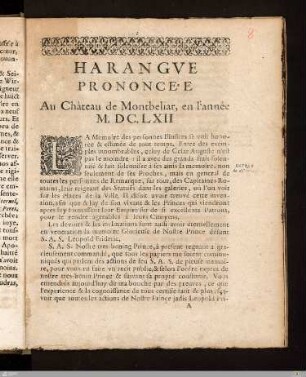 Harangue prononce e au cháteau de Montbeliar, en l'année M. DC. LXII.