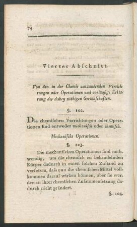 Vierter Abschnitt. Von den in der Chemie auszuübenden Verrichtungen oder Operationen und vorläufige Erklärung der dabey nöthigen Geräthschaften.