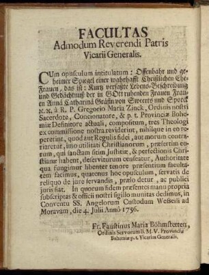 Facultas Admodum Reverendi Patris Vicarii Generalis.