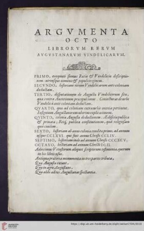 Argvmenta Octo Librorvm Rervm Avgvstanarvm Vindelicarvm