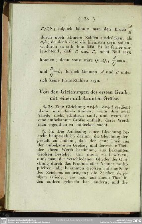 Von den Gleichungen des ersten Grades mit einer unbekannten Grösse