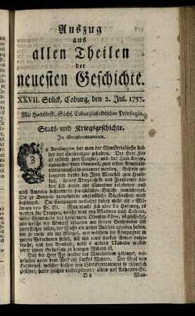 XXVII. Stück, Coburg, den 2. Jul. 1757.