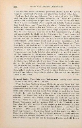 236-237 [Rezension] Welte, Bernhard, Vom Geist des Christentums