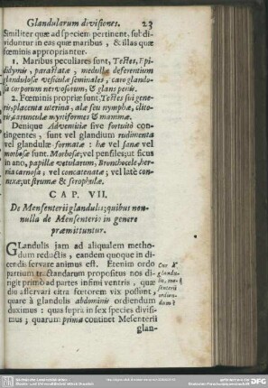 Cap. VII. De Mensenterii glandulis; quibus nonnulla de Mensenterio in genere praemittuntur