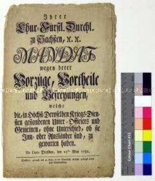 Mandat von Friedrich August III. Kurfürst von Sachsen zur Steuerbefreiung ehemaliger Militärangehöriger und Versorgung verdienter Soldaten