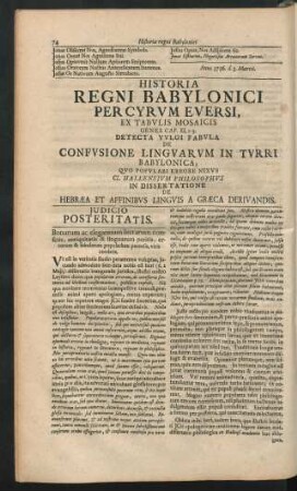 Historia Regni Babylonici per Cyrum Eversi, Ex Tabulis Mosaicis Genes. Cap. XI, 1-9. Detecta Vulgi Fabula De Confusione Linguarum In Turri Babylonica, ...