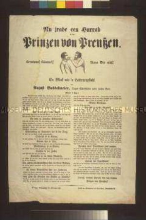 Satirisches Flugblatt: Nu jrade een Hurrah für den Prinzen von Preußen (Aujust Buddelmeyer); undatiert
