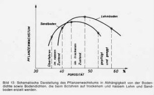 Schematische Darstellung des Pflanzenwachstums in Abhängigkeit von der Bodendichte sowie Bodendichten, die beim Befahren auf trockenem und nassem Lehm und Sandboden erzielt werden