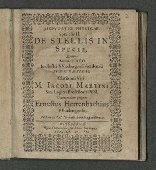 Dispvtatio Physicae Specialis II. De Stellis In Specie