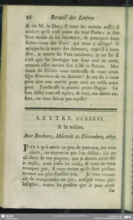 Lettre CCXXXVI. A la même. Aux Rochers, Mécredi 11. Décembre, 1675
