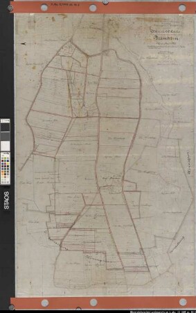 Verkoppelung der sämtlichen Ackerländereien der Feldmark DRANTUM: Übersichtskarte in der Verkoppelungssache von Drantum Ausf.-Art: farbige Handzeichnung auf Pausleinen Hersteller: angefertigt von dem Rechengehilfen Müseler, beglaubigt durch den Landmesser Hempel, eingeteilt durch den Landmesser C. Blüthner Format: 128 x 80,5 cm Maßstab: 1 : 2000