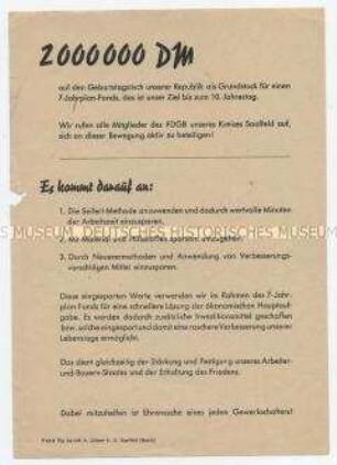 Propagandaflugblatt des FDGB für die Senkung der Produktionskosten durch Neuerermethoden anlässlich des 10. Jahrestages der DDR