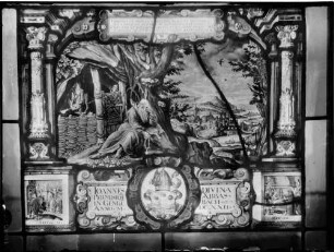 Schloß Eberstein Glasmalerei im Rondell Heiliger Spiridon mit seinen Jüngern mit Stifterwappen (um 1622), (33x41,5 cm), Glasfenster aus der Molsheimer Kartusche