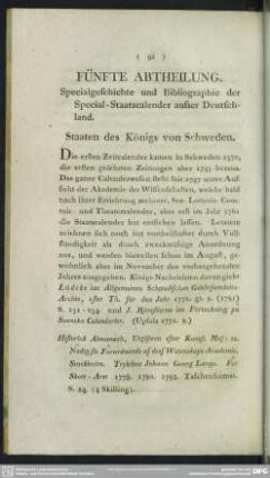 Fünfte Abtheilung. Specialgeschichte und Bibliographie der Special-Staatscalender ausser Deutschland