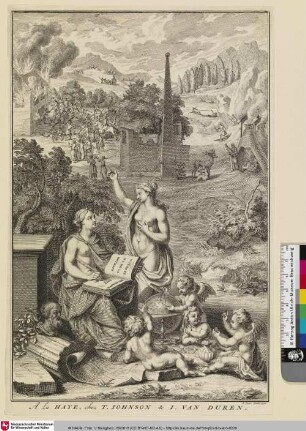 [Allegorische Darstellung mit zwei mythologischen Frauen, Putti und einem Brand]