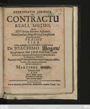 Exercitatio Iuridica De Contractu Reali, Mutuo