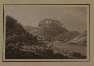 Ansicht der Stadt und Festung Königstein, mit Treidler sepiagetönte Umrissradierung, um 1821 : Zingg, Adrian : Stadt und Festung Königstein / [gefertigt von Adrian Zingg?]. - [S.l.] , [ca. 1821]. - 1 Kunstbl. : sepiagetönte Umrißradierung ; 15 x 10 cm. - in SKD gleiches Blatt mit A. Zingg beschriftet.