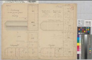 Arnsberg (Arnsberg) ehem. Jesuitengebäude Blatt 1 Grundrisse, Sparrenlage 1851 100 Fuß = 26,1 cm 44,5 x 60 kol. Zeichnung Lange, Baumeister Staatshochbauamt Soest-Arnsberg