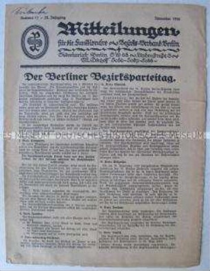 Kommunales Mitteilungsblatt der SPD Berlin zum Außerordentlichen Bezirksparteitag im November 1930