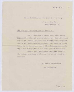 Schreiben an die Redaktion "Der Baumeister", Berlin (Brief)