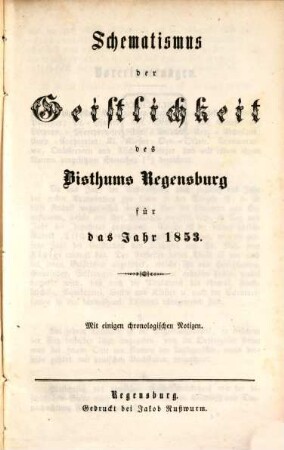 Schematismus des Bistums Regensburg. 1853