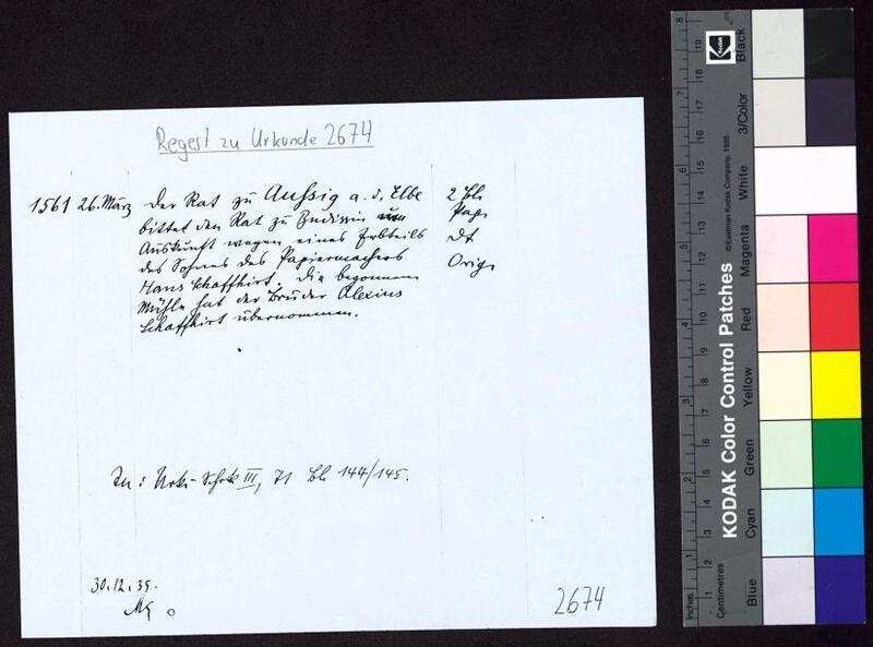 Der Rat der Stadt Außig an der Elbe in Böhmen bittet den Rat zu Bautzen um Auskunft wegen des Erbteils des Sohnes des Papiermachers Hans Schaffhirt. Der Bruder Alexius Schaffhirt habe die Mühle übernommen. | Digitalisierung: Stadtarchiv Bautzen