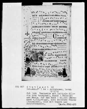 Antiphonarium (Benediktinerhandschrift) — Textseite mit mehreren figürlichen Darstellungen, Folio 144recto