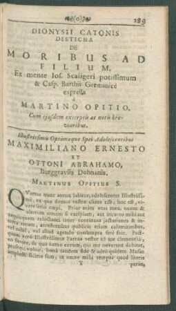 Dionysii Catonis Disticha De Moribus Ad Filium ... a Martino Opitio.
