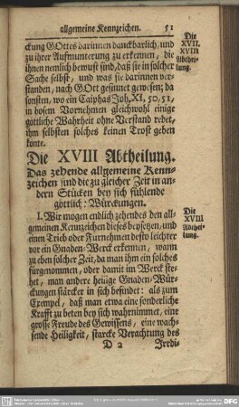 Die XVIII Abtheilung. Das zehende allgemeine Kennzeichen sind die zu gleicher Zeit in andern Stücken bey sich fühlende göttliche Würckungen