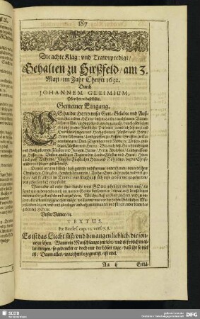 Die achte Klag: und Trawrpredigt, Gehalten zu Hirßfeld, am 3. Maji, im Jahr Christi 1632