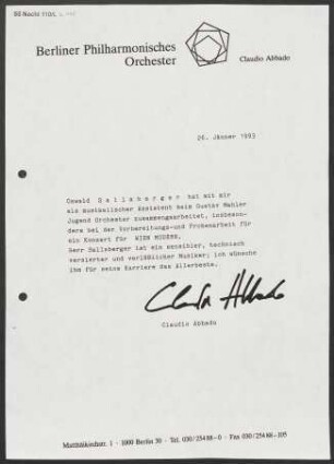 Empfehlungsschreiben für den Musiker Oswald Sallaberger
