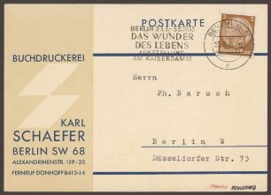 Werbepostkarte Buchdruckerei "Karl Schaefer“, Alexandrinenstraße 119-120