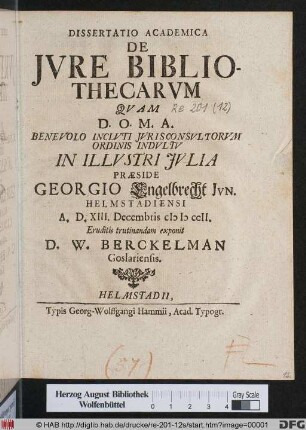 Dissertatio Academica De Jvre Bibliothecarvm