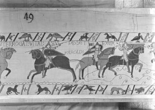 Der Teppich von Bayeux — 42. Szene: Herzog Wilhelm erkundigt sich bei seinem Ritter Vital, ob er das Heer König Harolds gesehen habe