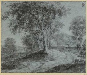 Hügelige Landschaft mit hohen Bäumen und drei Figuren rechts