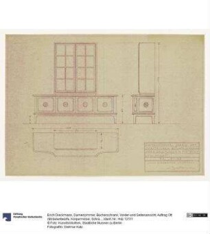 Damenzimmer, Bücherschrank, Vorder-und Seitenansicht (Auftrag Ott), Lichtpause