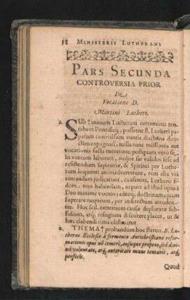 Pars Secunda. Controversia Prior De Vocatione D. Martini Lutheri.