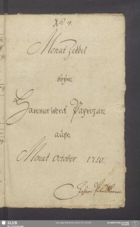 Monat Zeddel beÿm Hammerwerck Paprozan aufn Monat October 1750