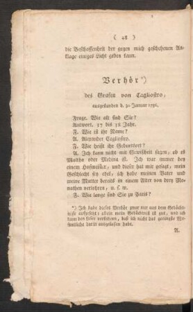 Verhör*) des Grafen von Cagliostro, ...