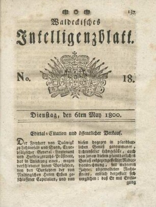 No. 18, Dienstag, den 6ten May 1800