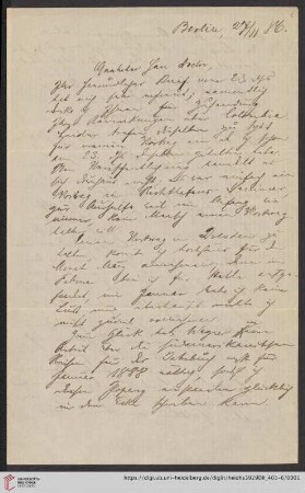 Nachlass Alfred Hettner, Eingegangene Briefe, Korrespondenz Wilhelm Sievers/Alfred Hettner: Brief von Wilhelm Sievers an Alfred Hettner