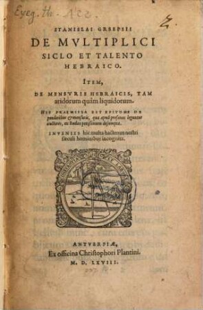 De multiplici siclo et talento hebraico