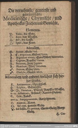 Die vornehmste, gemeinste und gebräuchlichste Medicinische, Chymische, und Apothecker-Zeichen und Gewichte