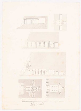 Felsentempel des König Ramses II. und kleiner Tempel der Nefertari, Abu Simbel: Drei Grundrisse und drei Schnitte der Tempel, zwei Maßstabsleisten (Druck von Inv.Nr. 44808, ohne aufgeklebte Transparentzeichnungen)
