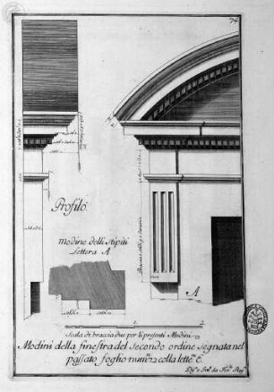 Studio d'architettura civile sopra gli ornamenti di porte, e finestre colle misure, piante, modini, e profili, tratte da alcune fabbriche insigni di Firenze erette col disegno dè più celebri architetti / opera misurata, disegnata, e intagliata da Ferdinando Ruggieri, sotto gli auspici dell' A. R. di Cosimo III. Granduca di Toscana, Parte Prima, Firenze 1722, nella Samperia Reale presso Gio: Gaetano Tartini, e Santti Franchi, con Licenza de Superiori.Architekturdetails des 1. Obergeschoss des Palazzo Uguccioni - Studio d'architettura civile, da Ferdinando Ruggieri, Parte prima, Firenze 1722.