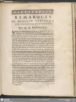 Remarques De Monsieur Varignon Sur L'Analyse Demontrée Du R. P. Reyneau