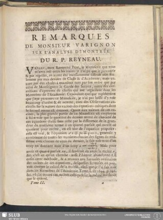 Remarques De Monsieur Varignon Sur L'Analyse Demontrée Du R. P. Reyneau